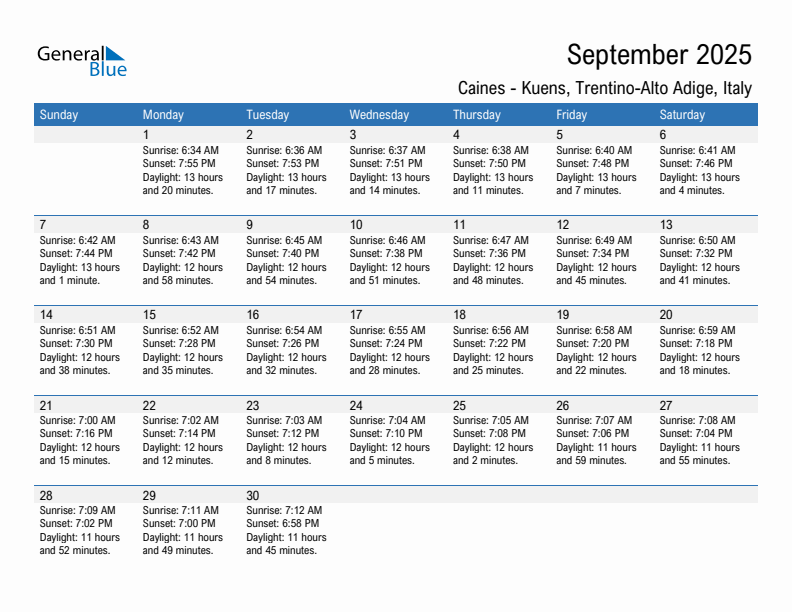 Caines - Kuens September 2025 sunrise and sunset calendar in PDF, Excel, and Word