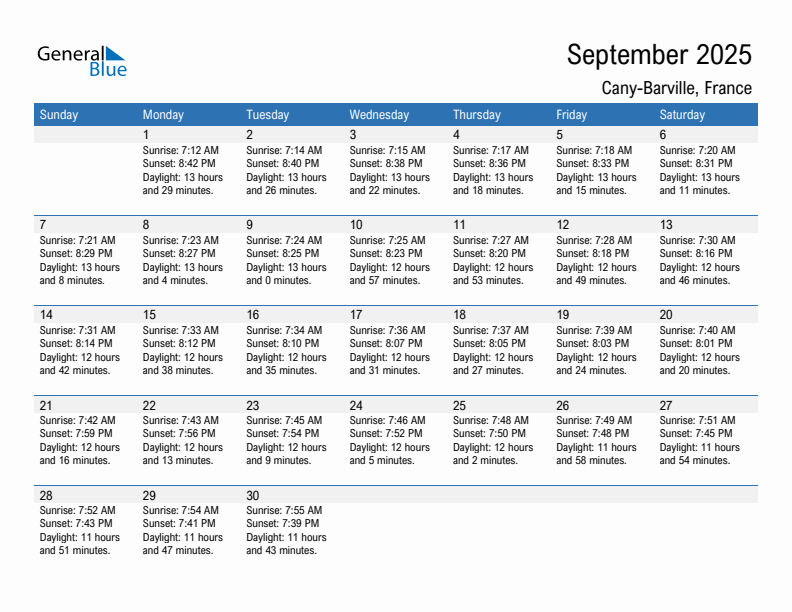 Cany-Barville September 2025 sunrise and sunset calendar in PDF, Excel, and Word