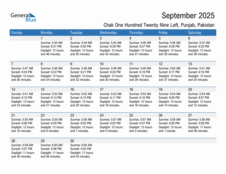 Chak One Hundred Twenty Nine Left September 2025 sunrise and sunset calendar in PDF, Excel, and Word