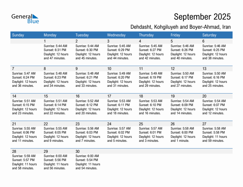 Dehdasht September 2025 sunrise and sunset calendar in PDF, Excel, and Word