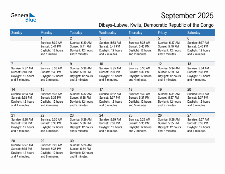 Dibaya-Lubwe September 2025 sunrise and sunset calendar in PDF, Excel, and Word