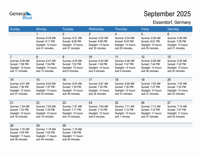 Eissendorf September 2025 sunrise and sunset calendar in PDF, Excel, and Word