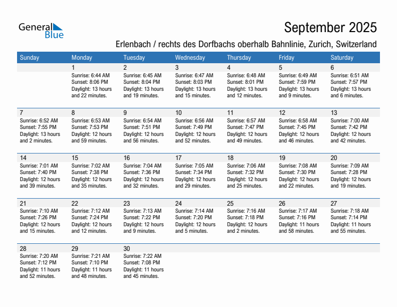 Erlenbach / rechts des Dorfbachs oberhalb Bahnlinie September 2025 sunrise and sunset calendar in PDF, Excel, and Word