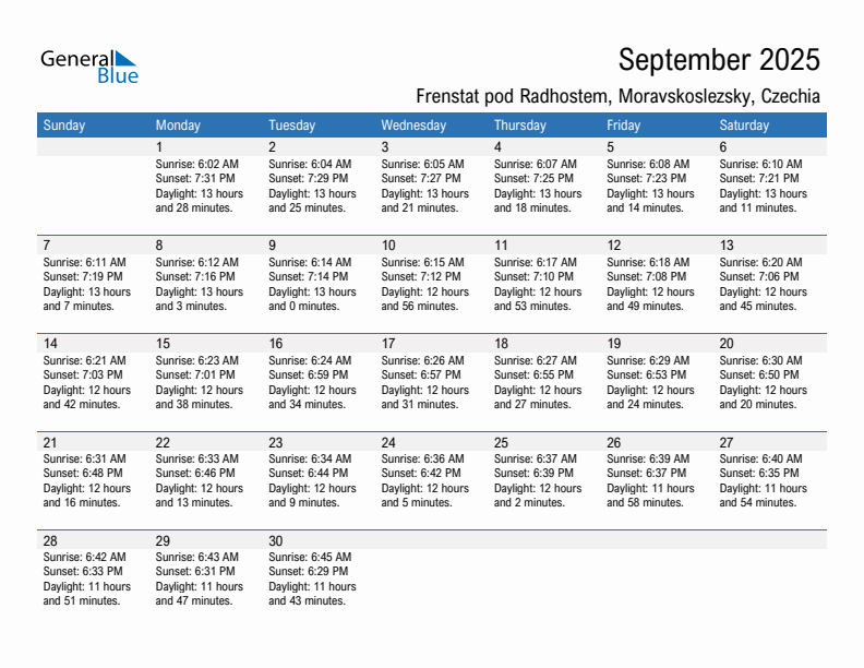 Frenstat pod Radhostem September 2025 sunrise and sunset calendar in PDF, Excel, and Word