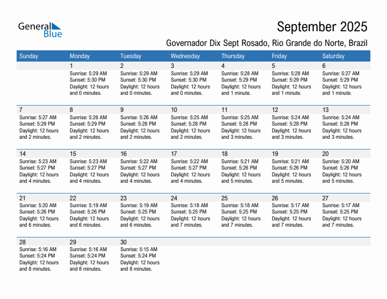 Governador Dix Sept Rosado September 2025 sunrise and sunset calendar in PDF, Excel, and Word