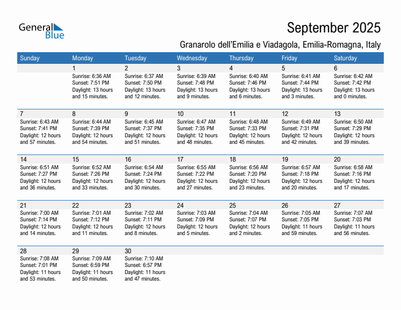 Granarolo dell'Emilia e Viadagola September 2025 sunrise and sunset calendar in PDF, Excel, and Word