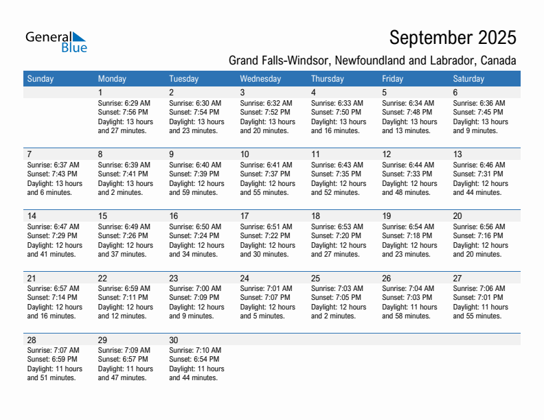 Grand Falls-Windsor September 2025 sunrise and sunset calendar in PDF, Excel, and Word