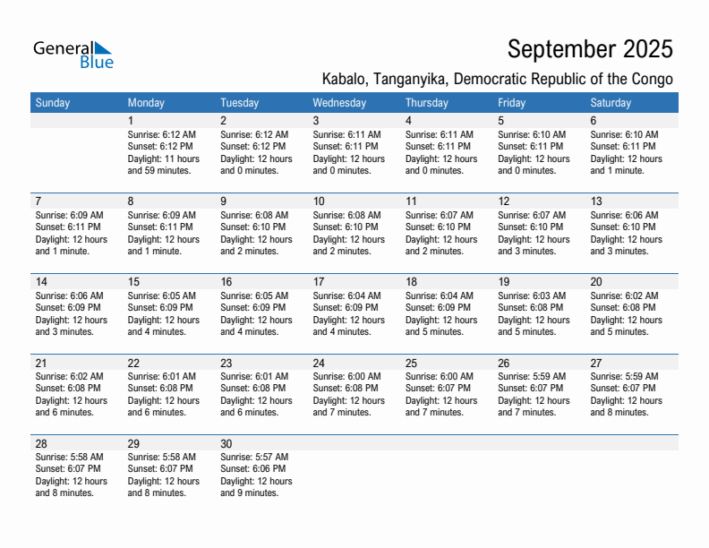 Kabalo September 2025 sunrise and sunset calendar in PDF, Excel, and Word