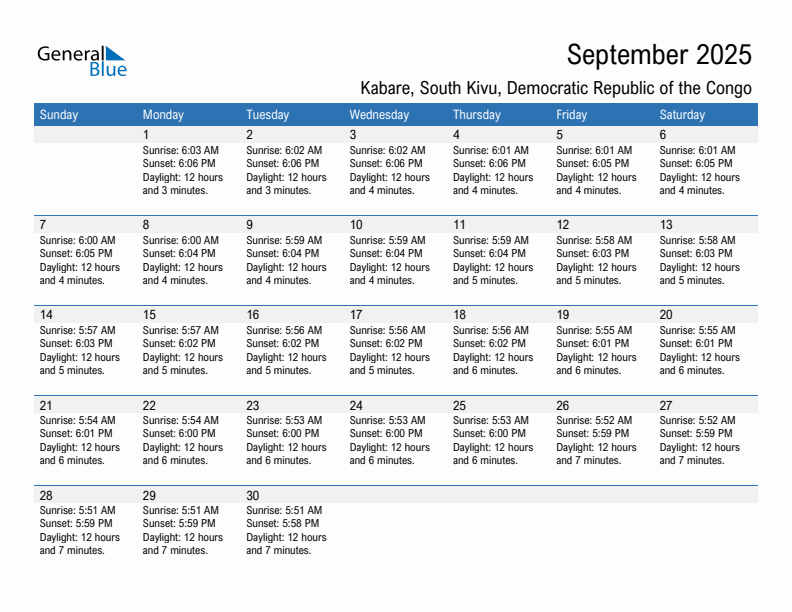 Kabare September 2025 sunrise and sunset calendar in PDF, Excel, and Word