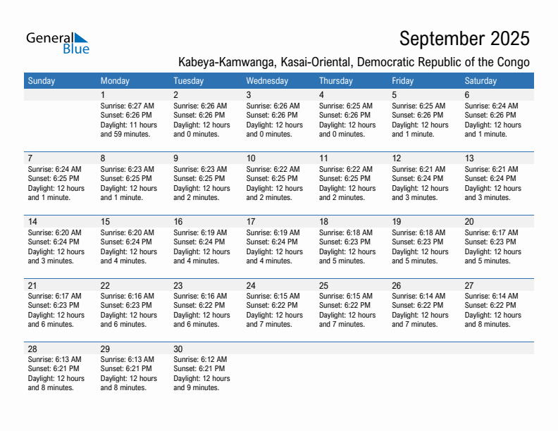 Kabeya-Kamwanga September 2025 sunrise and sunset calendar in PDF, Excel, and Word