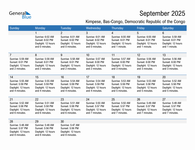 Kimpese September 2025 sunrise and sunset calendar in PDF, Excel, and Word