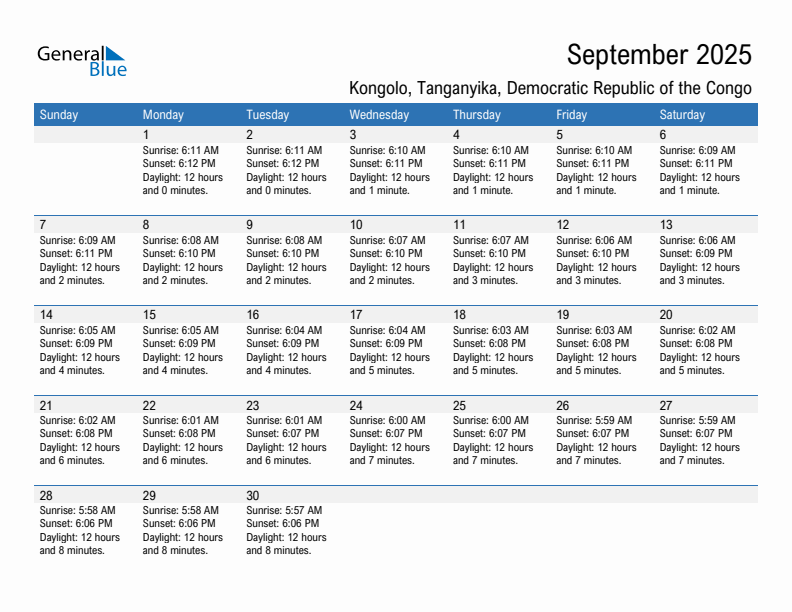 Kongolo September 2025 sunrise and sunset calendar in PDF, Excel, and Word