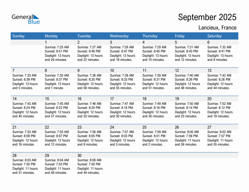 Lancieux September 2025 sunrise and sunset calendar in PDF, Excel, and Word