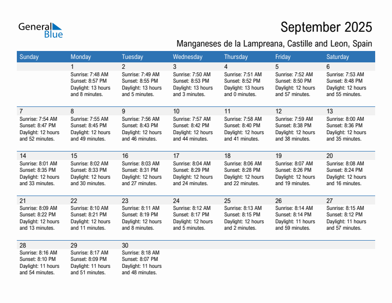 Manganeses de la Lampreana September 2025 sunrise and sunset calendar in PDF, Excel, and Word