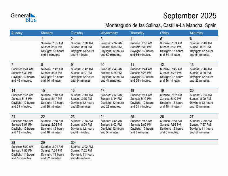 Monteagudo de las Salinas September 2025 sunrise and sunset calendar in PDF, Excel, and Word