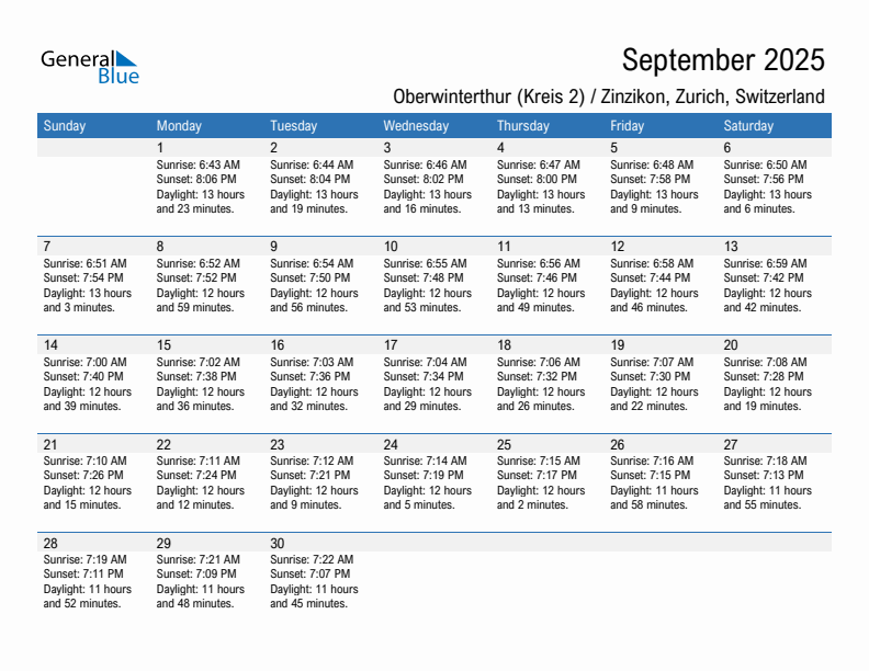 Oberwinterthur (Kreis 2) / Zinzikon September 2025 sunrise and sunset calendar in PDF, Excel, and Word