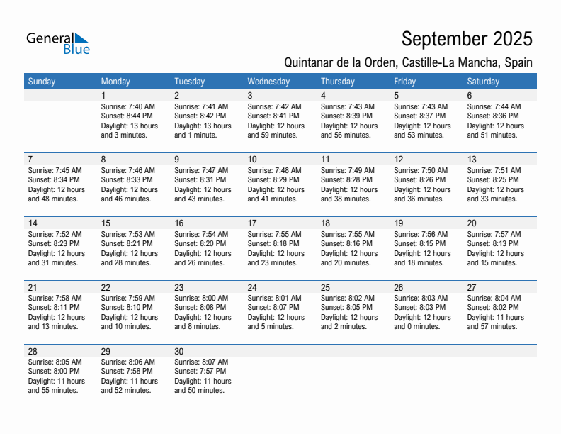 Quintanar de la Orden September 2025 sunrise and sunset calendar in PDF, Excel, and Word