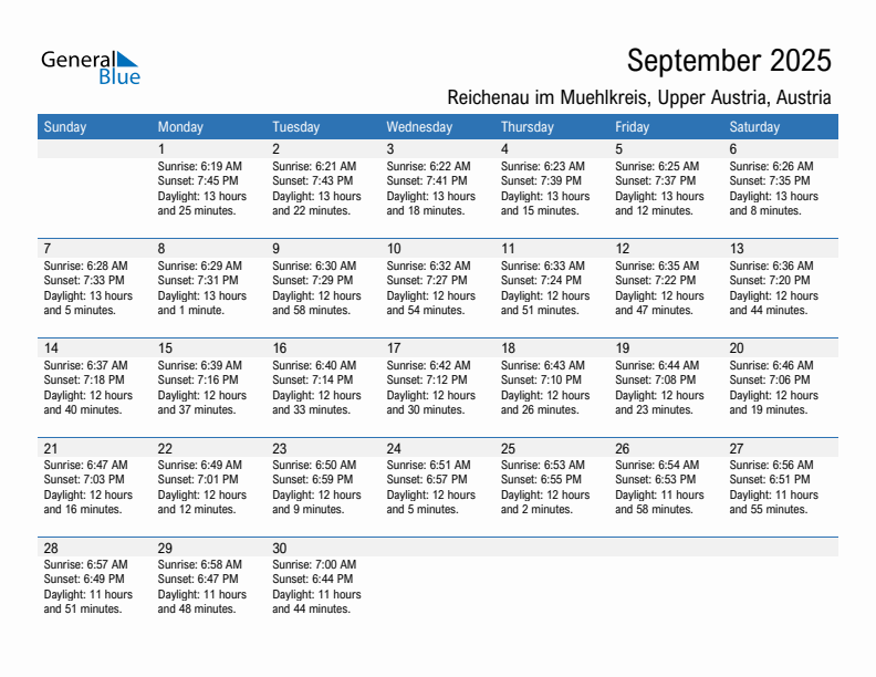 Reichenau im Muehlkreis September 2025 sunrise and sunset calendar in PDF, Excel, and Word