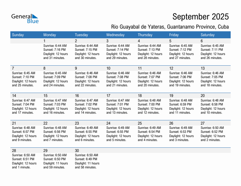 Rio Guayabal de Yateras September 2025 sunrise and sunset calendar in PDF, Excel, and Word