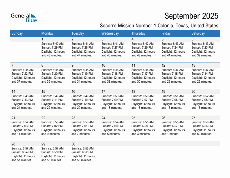 Socorro Mission Number 1 Colonia September 2025 sunrise and sunset calendar in PDF, Excel, and Word