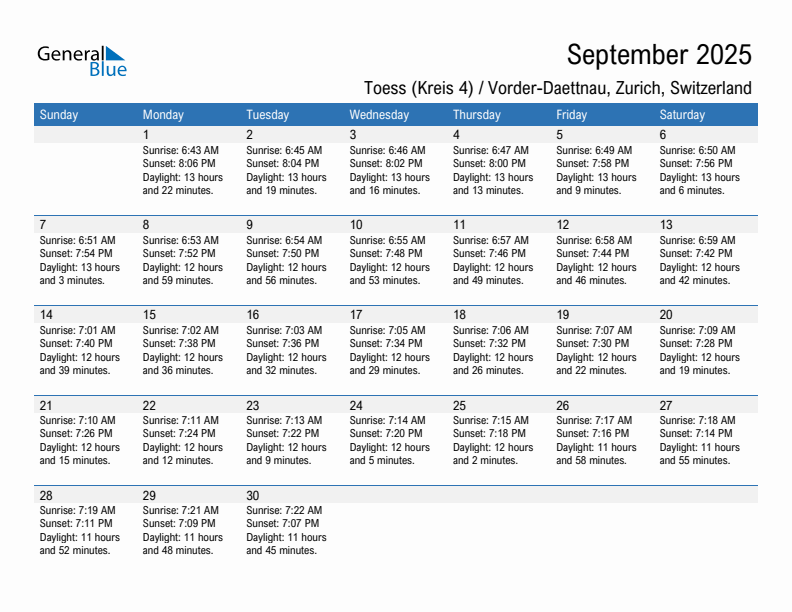 Toess (Kreis 4) / Vorder-Daettnau September 2025 sunrise and sunset calendar in PDF, Excel, and Word