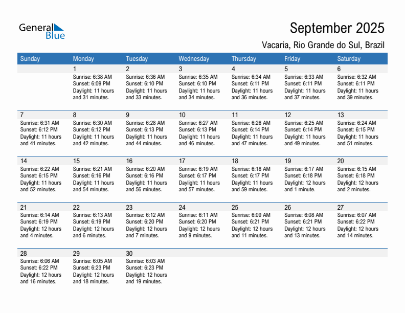 Vacaria September 2025 sunrise and sunset calendar in PDF, Excel, and Word