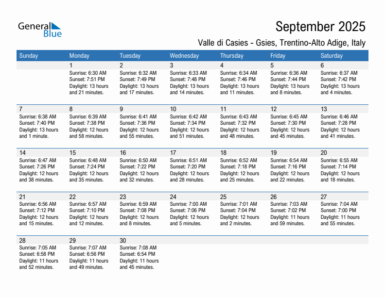 Valle di Casies - Gsies September 2025 sunrise and sunset calendar in PDF, Excel, and Word