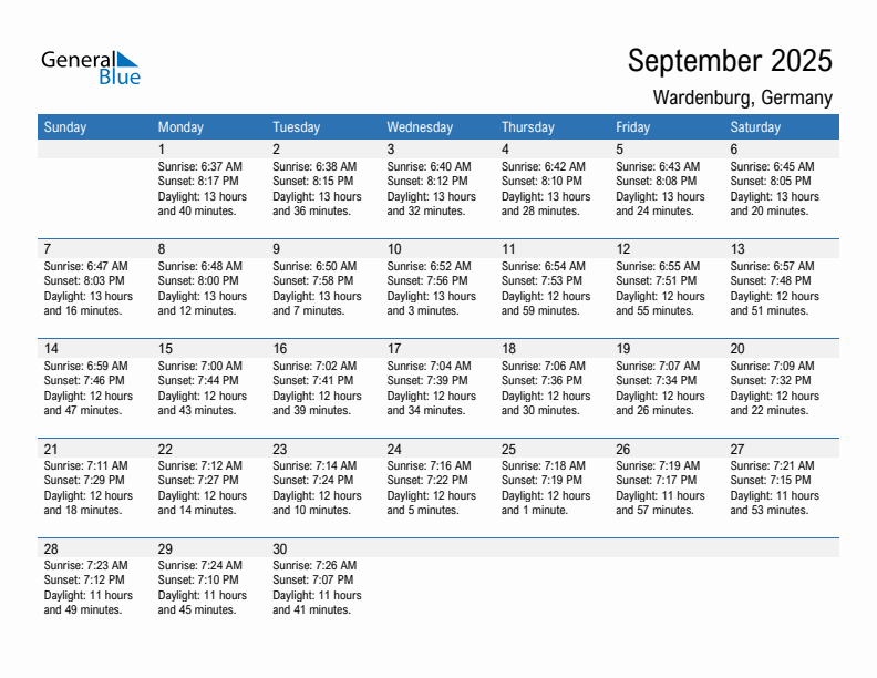 Wardenburg September 2025 sunrise and sunset calendar in PDF, Excel, and Word