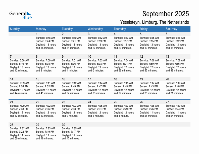 Ysselsteyn September 2025 sunrise and sunset calendar in PDF, Excel, and Word