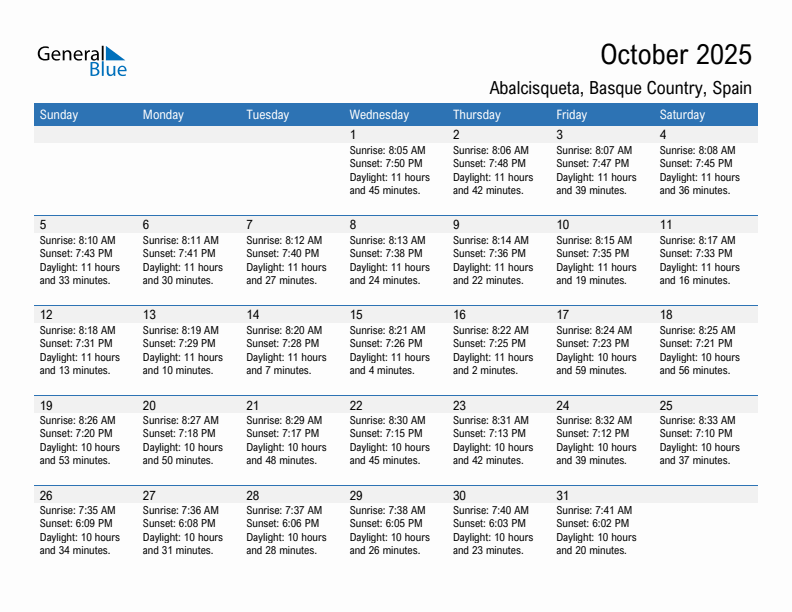 Abalcisqueta October 2025 sunrise and sunset calendar in PDF, Excel, and Word