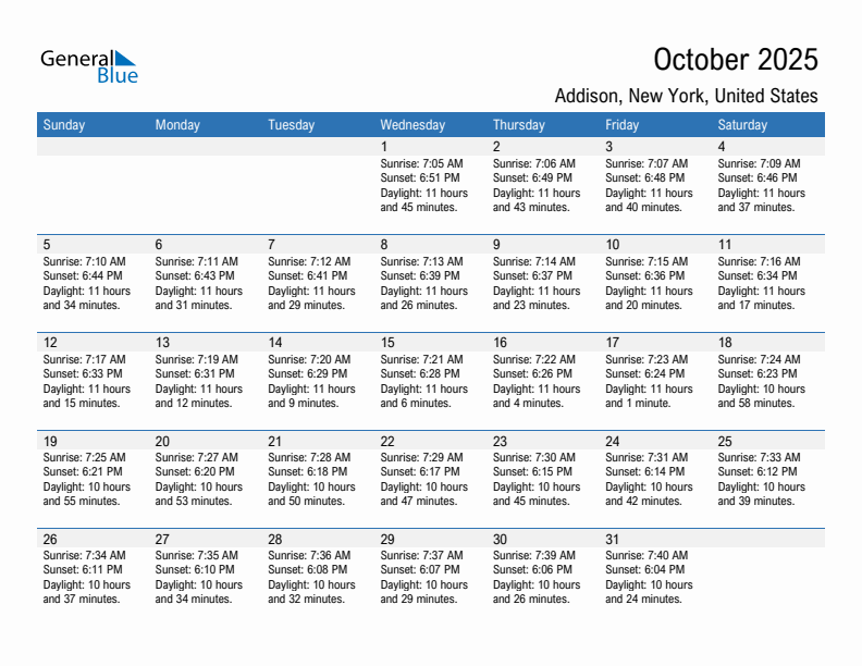 Addison October 2025 sunrise and sunset calendar in PDF, Excel, and Word