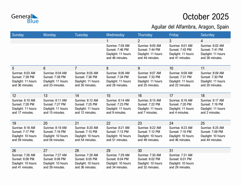 Aguilar del Alfambra October 2025 sunrise and sunset calendar in PDF, Excel, and Word