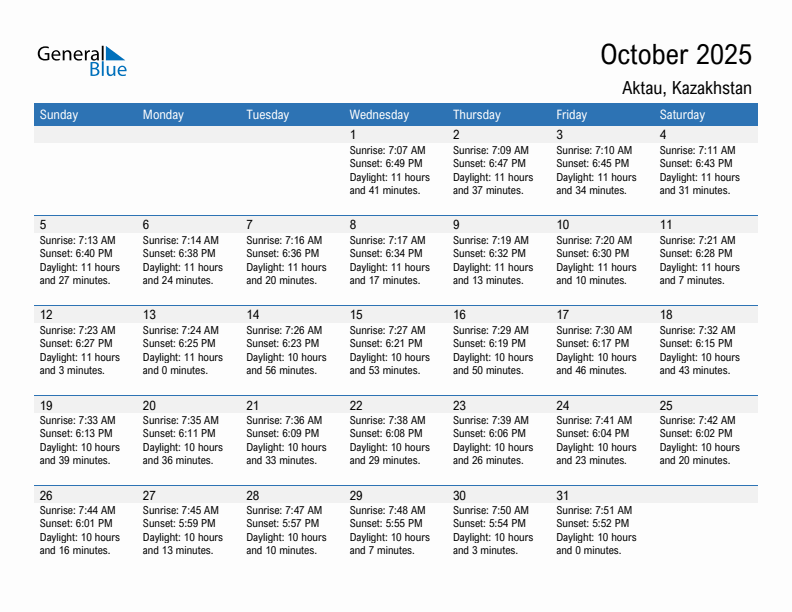 Aktau October 2025 sunrise and sunset calendar in PDF, Excel, and Word