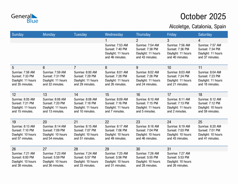 Alcoletge October 2025 sunrise and sunset calendar in PDF, Excel, and Word