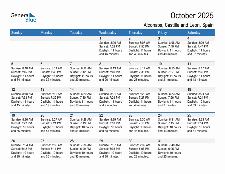 Alconaba October 2025 sunrise and sunset calendar in PDF, Excel, and Word