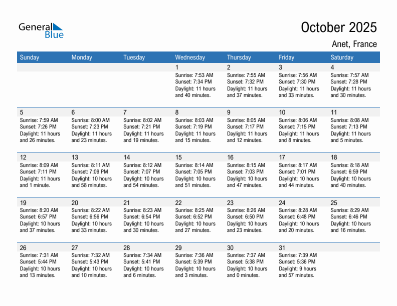 Anet October 2025 sunrise and sunset calendar in PDF, Excel, and Word