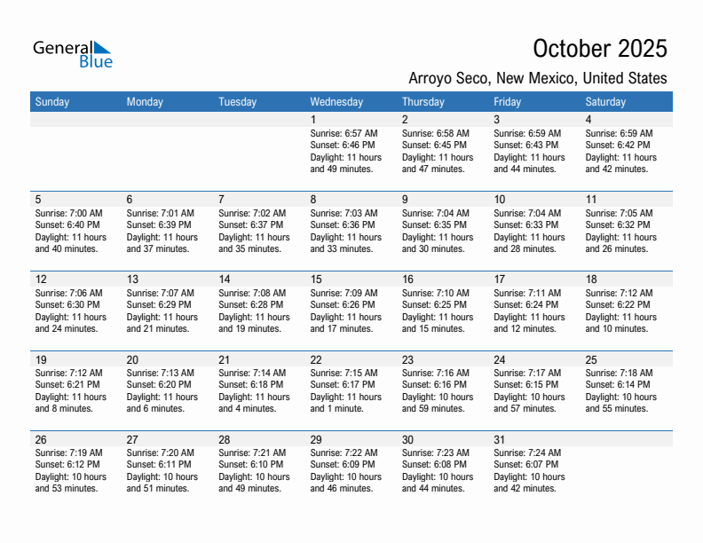 Arroyo Seco October 2025 sunrise and sunset calendar in PDF, Excel, and Word