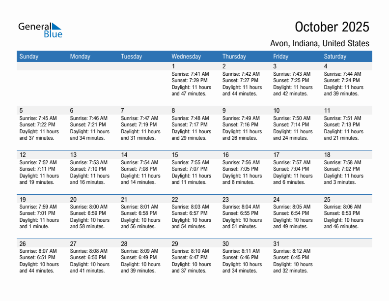 Avon October 2025 sunrise and sunset calendar in PDF, Excel, and Word