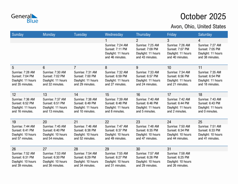 Avon October 2025 sunrise and sunset calendar in PDF, Excel, and Word