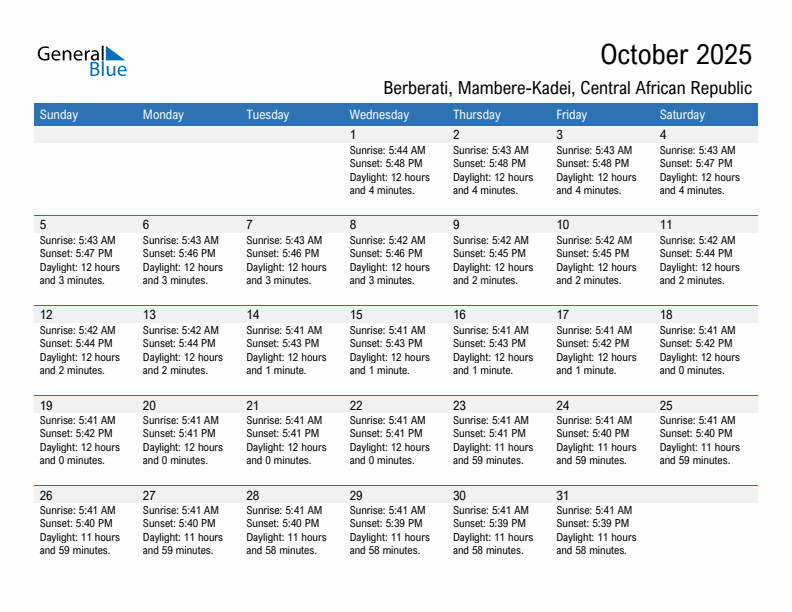 Berberati October 2025 sunrise and sunset calendar in PDF, Excel, and Word