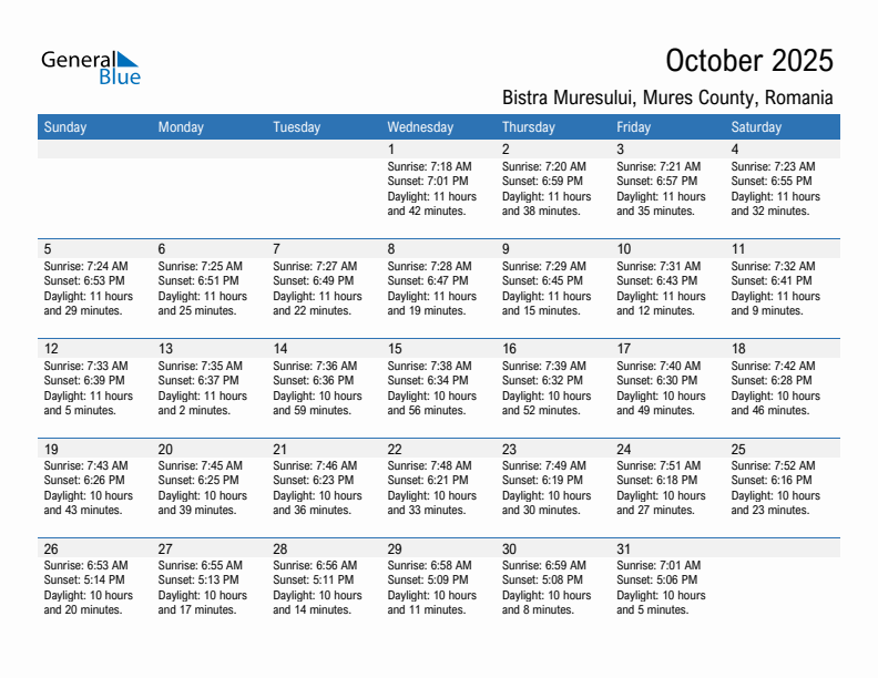 Bistra Muresului October 2025 sunrise and sunset calendar in PDF, Excel, and Word