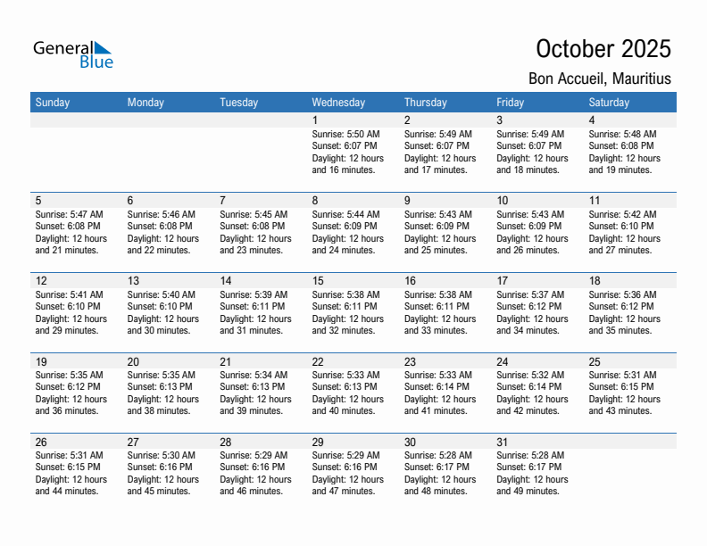 Bon Accueil October 2025 sunrise and sunset calendar in PDF, Excel, and Word