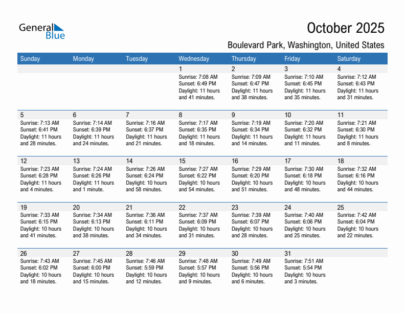 Boulevard Park October 2025 sunrise and sunset calendar in PDF, Excel, and Word