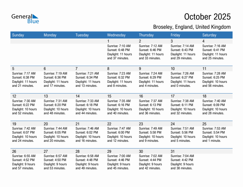 Broseley October 2025 sunrise and sunset calendar in PDF, Excel, and Word