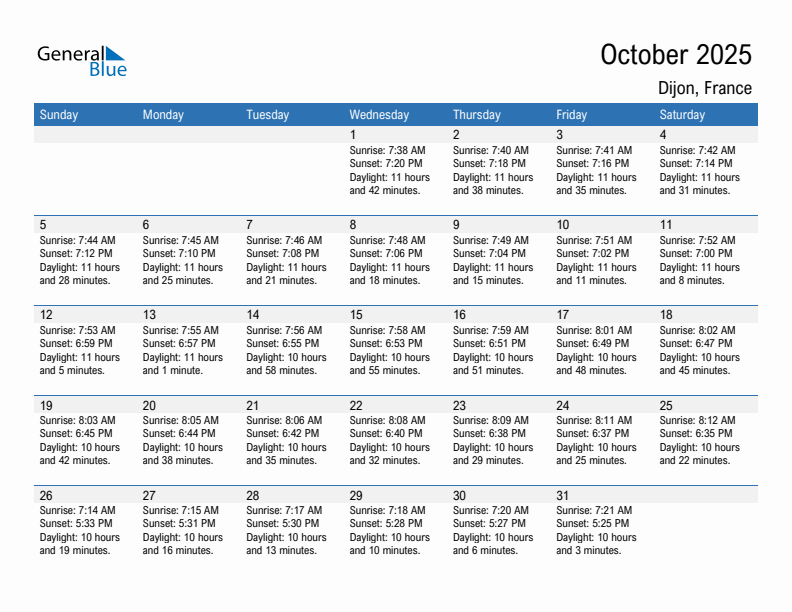 Dijon October 2025 sunrise and sunset calendar in PDF, Excel, and Word