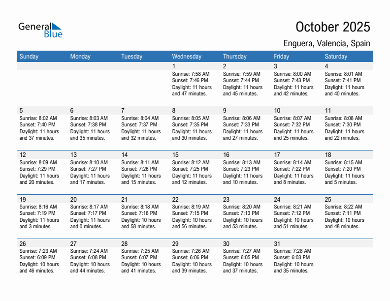 Enguera October 2025 sunrise and sunset calendar in PDF, Excel, and Word