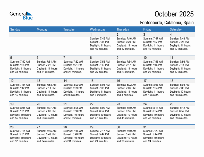 Fontcoberta October 2025 sunrise and sunset calendar in PDF, Excel, and Word