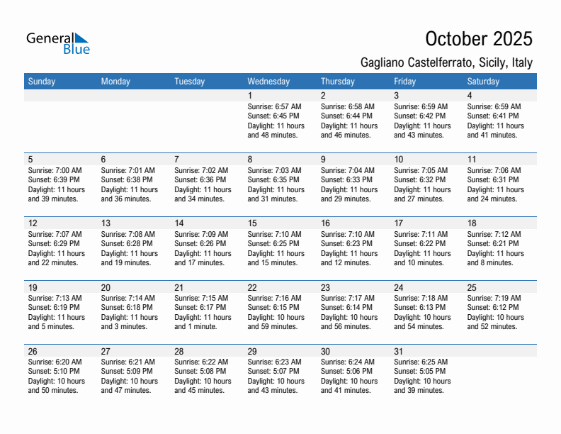 Gagliano Castelferrato October 2025 sunrise and sunset calendar in PDF, Excel, and Word