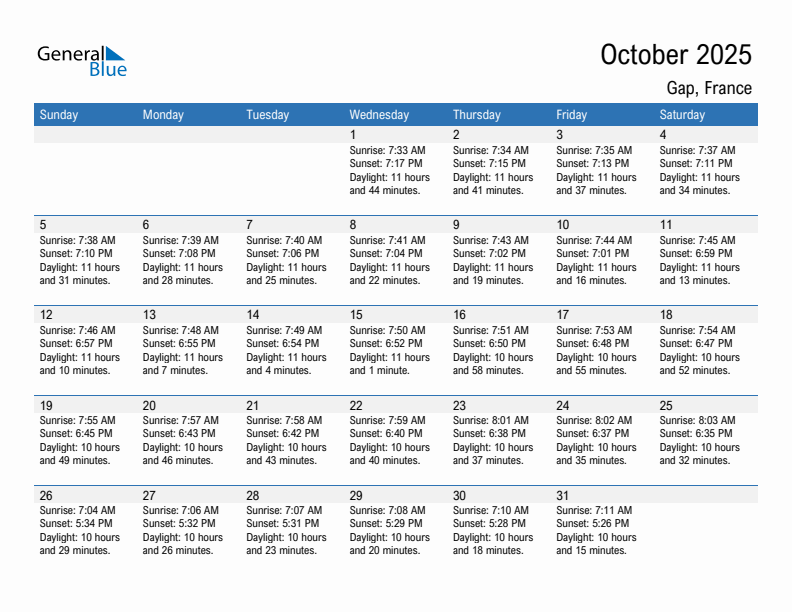 Gap October 2025 sunrise and sunset calendar in PDF, Excel, and Word