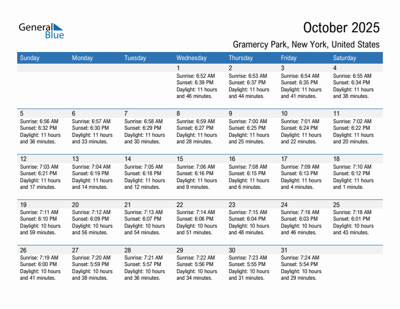 Gramercy Park October 2025 sunrise and sunset calendar in PDF, Excel, and Word